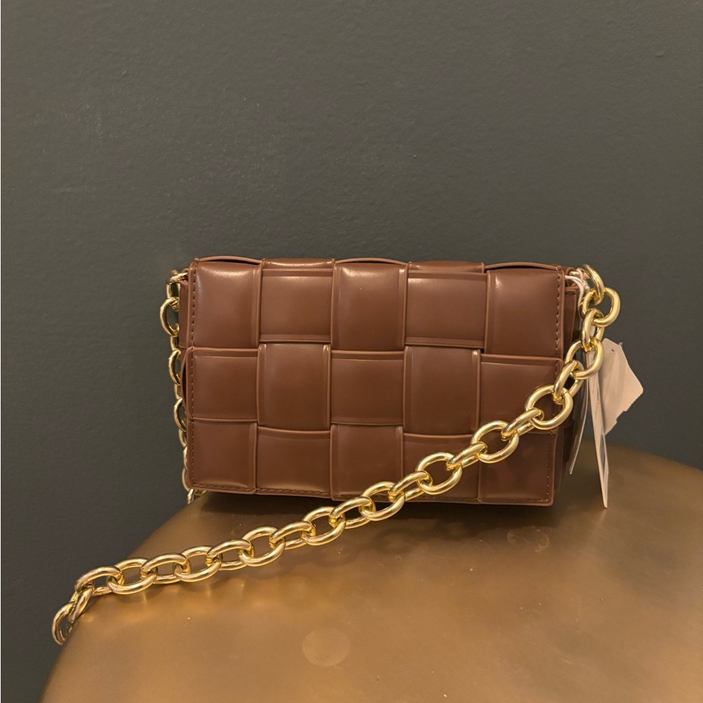 NWT Woven Faux Leather Crossbody/shoulder Bag Brown Bottega-Inspired Gold Chain